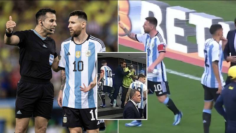 Lionel Messi seen leading his team off the pitch as police clash with fans before Brazil vs Argentina