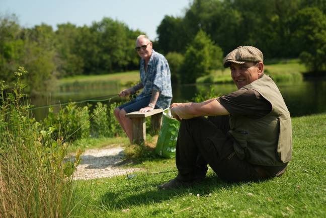 Paul Gascoigne and Vinnie Jones go fly fishing during the new show (Credit: UK Discovery)